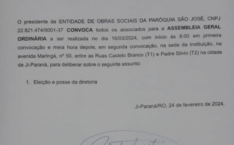 EDITAL DE CONVOCAÇÃO - ENTIDADE DE OBRAS SOCIAIS DA PARÓQUIA SÃO JOSÉ (CENTRO EDUCATIVO DOM BOSCO)